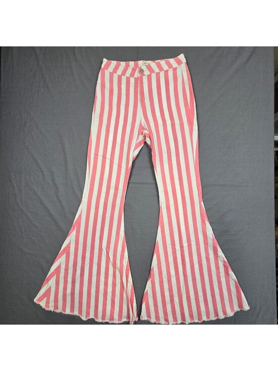 Peach Love California Denim - Festival Size M 27 Bell Bottom Flare Pants Pink White Striped Retro Boho